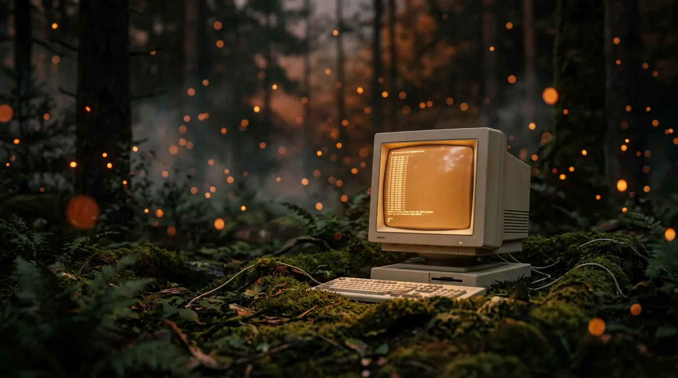 A vintage terminal running quietly in a mossy forest, evoking self-hosted local execution
