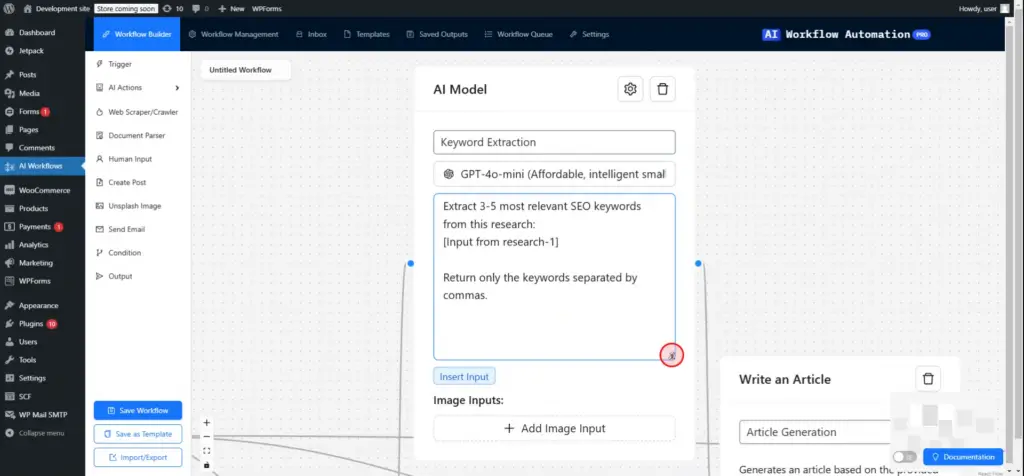 AI for wordpress - step6 - Workflow generator