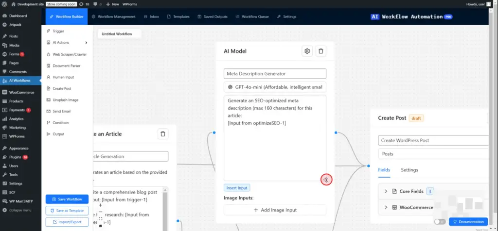 AI for wordpress - step8 - Workflow generator