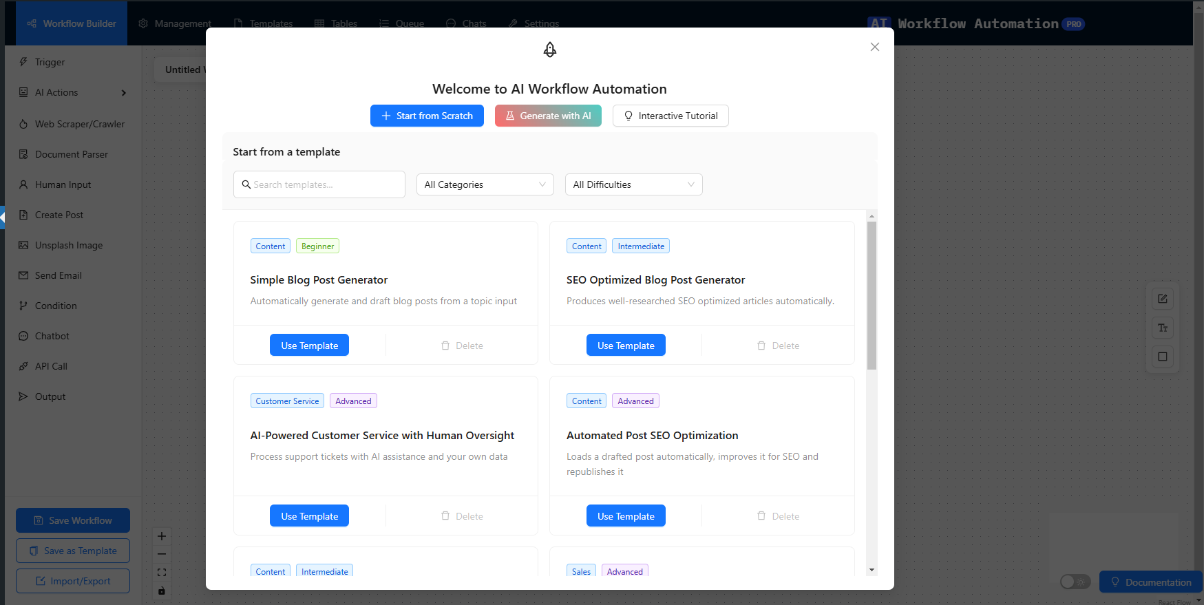Welcome Screen & Templates Modal - AI Workflow Automation