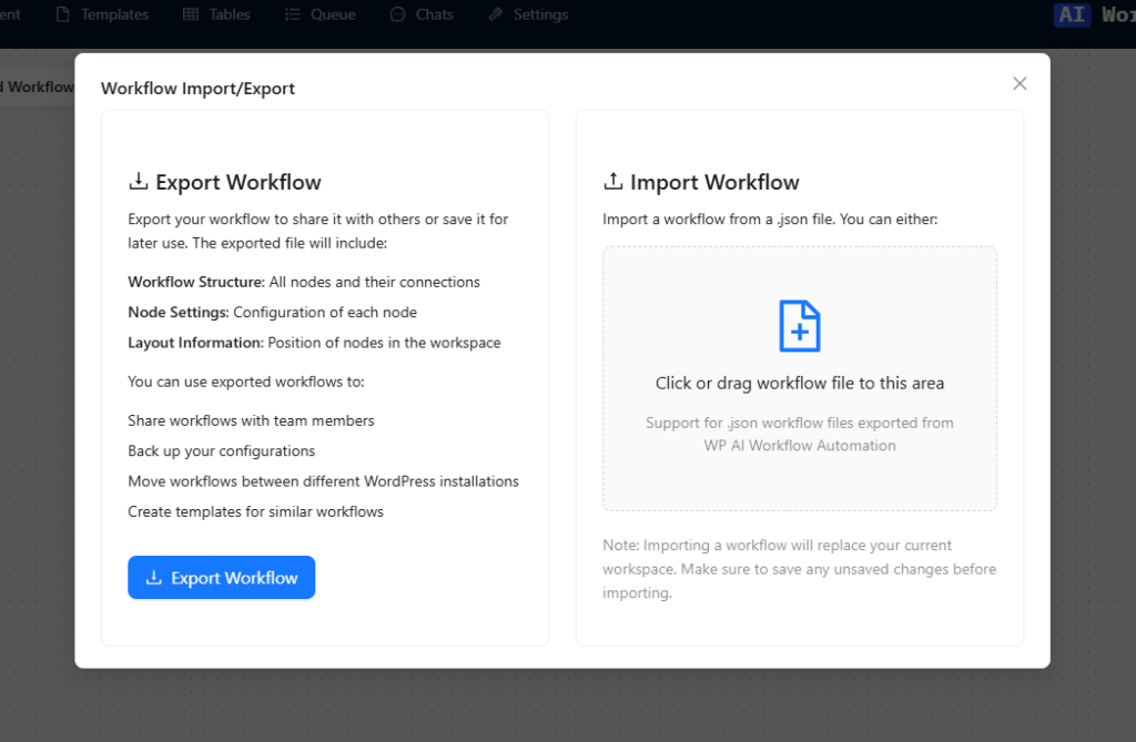 Workflow import export