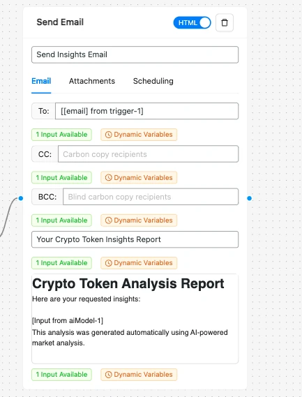 Crypto Token Insights Retrieval Workflow send email node