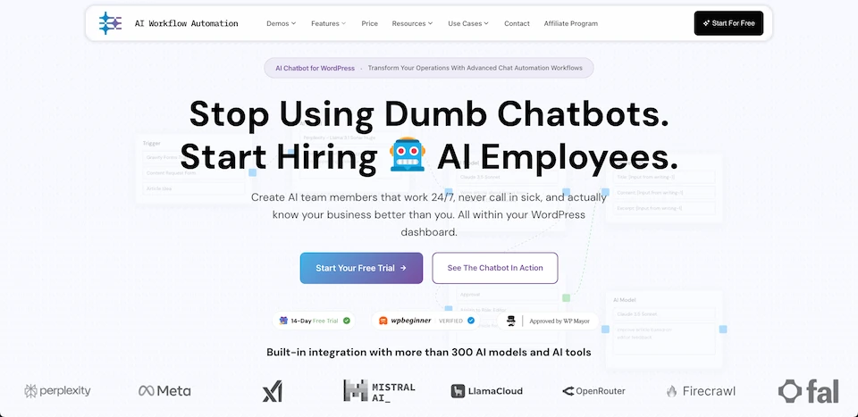 The AI Workflow Automation chatbot widget running on a WordPress site