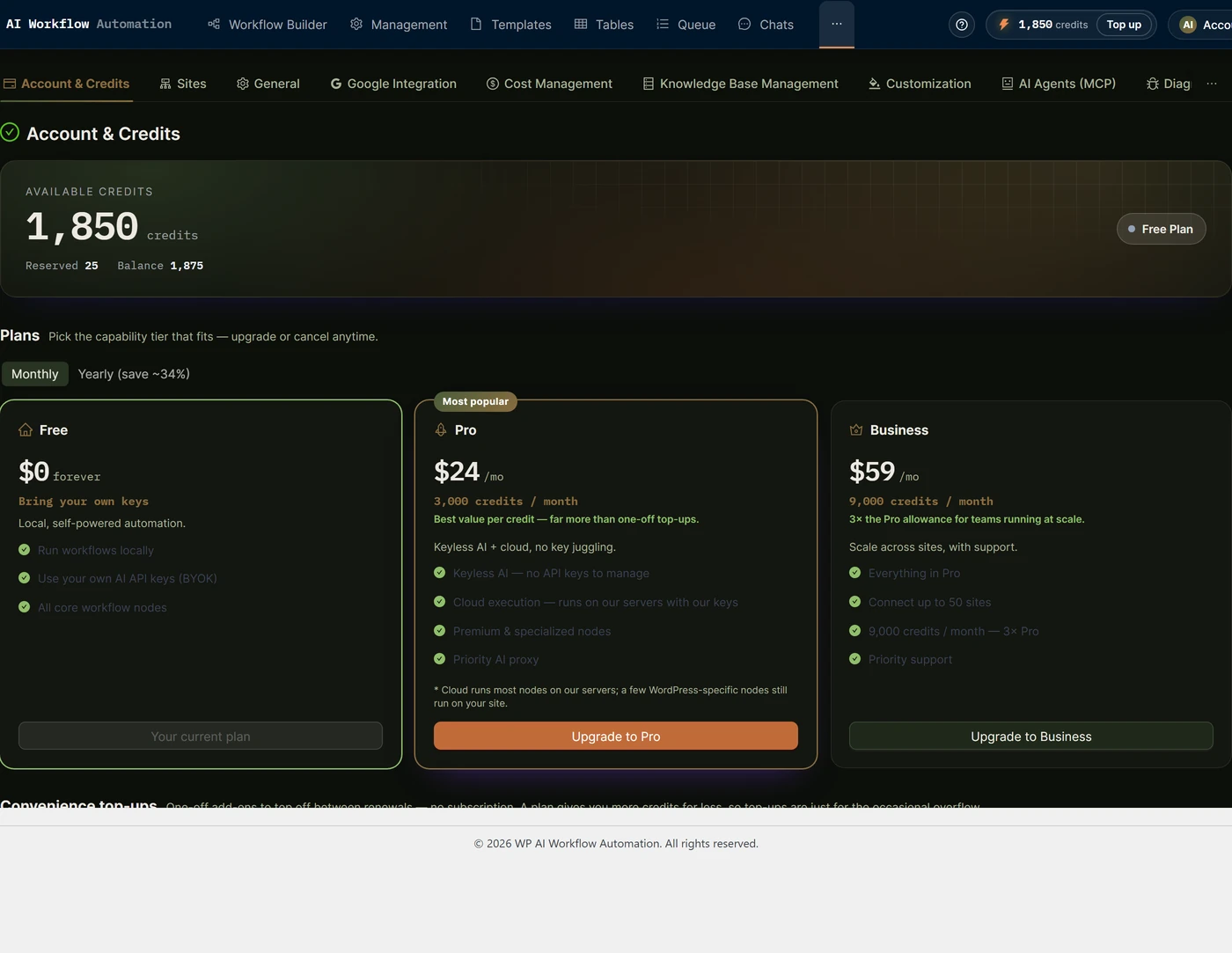 Account and Credits panel showing available credits and plan options.