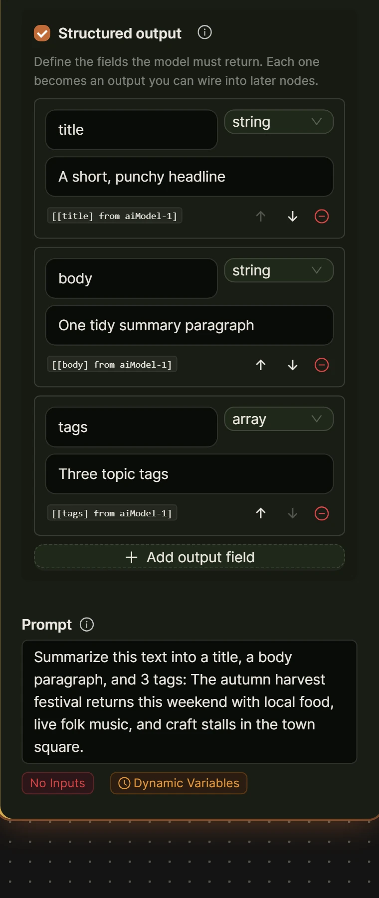 AI Model node structured output with title, body, and tags fields.