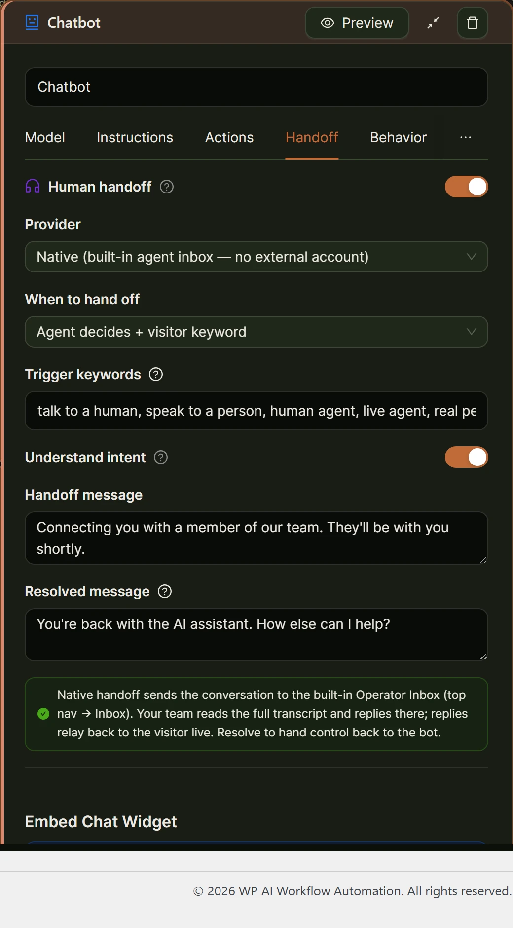 Chatbot Handoff tab with provider, triggers, and handoff messages