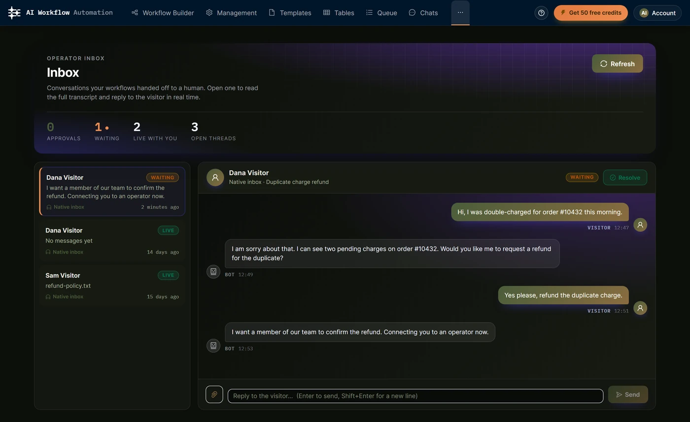 Operator Inbox listing waiting and live conversations.
