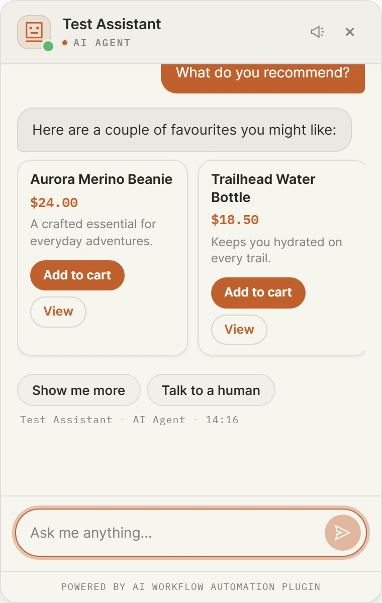 Chat widget showing product cards and quick-reply chips.