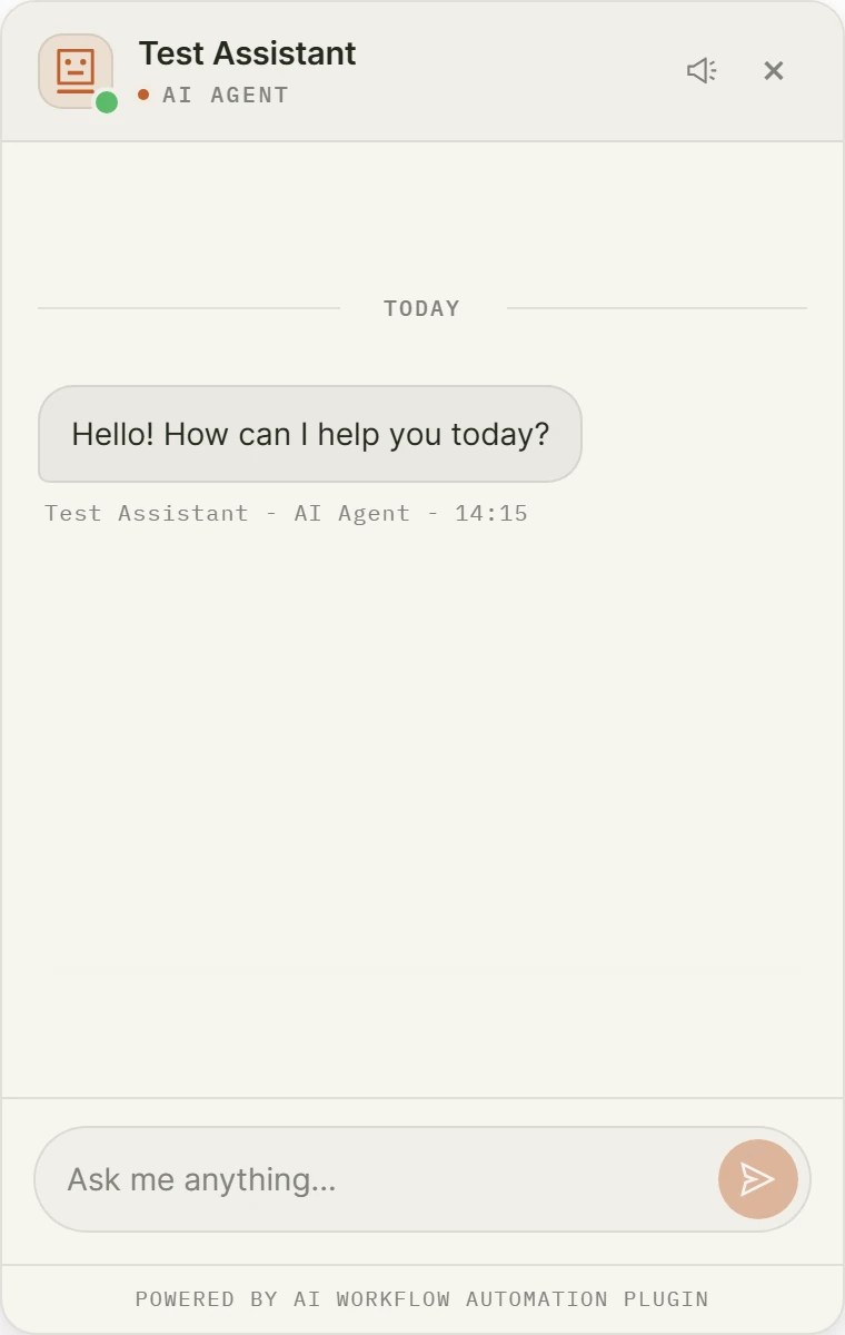 Deployed chat widget showing its greeting and composer