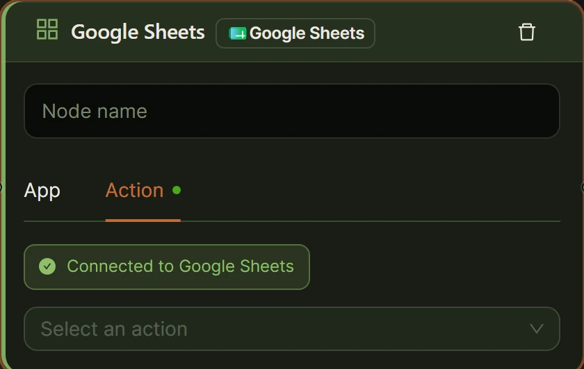 Connect an App Action tab with a connected Google Sheets account and an action selector.