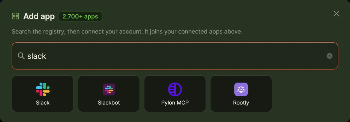 Add-app catalog picker in the Connect an App node, searching for Slack.