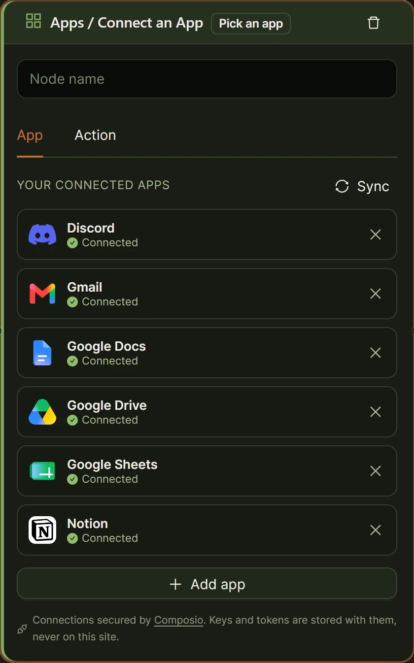 Connect an App node listing connected apps (Discord, Gmail, Google Docs, Drive, Sheets, Notion), each marked Connected.