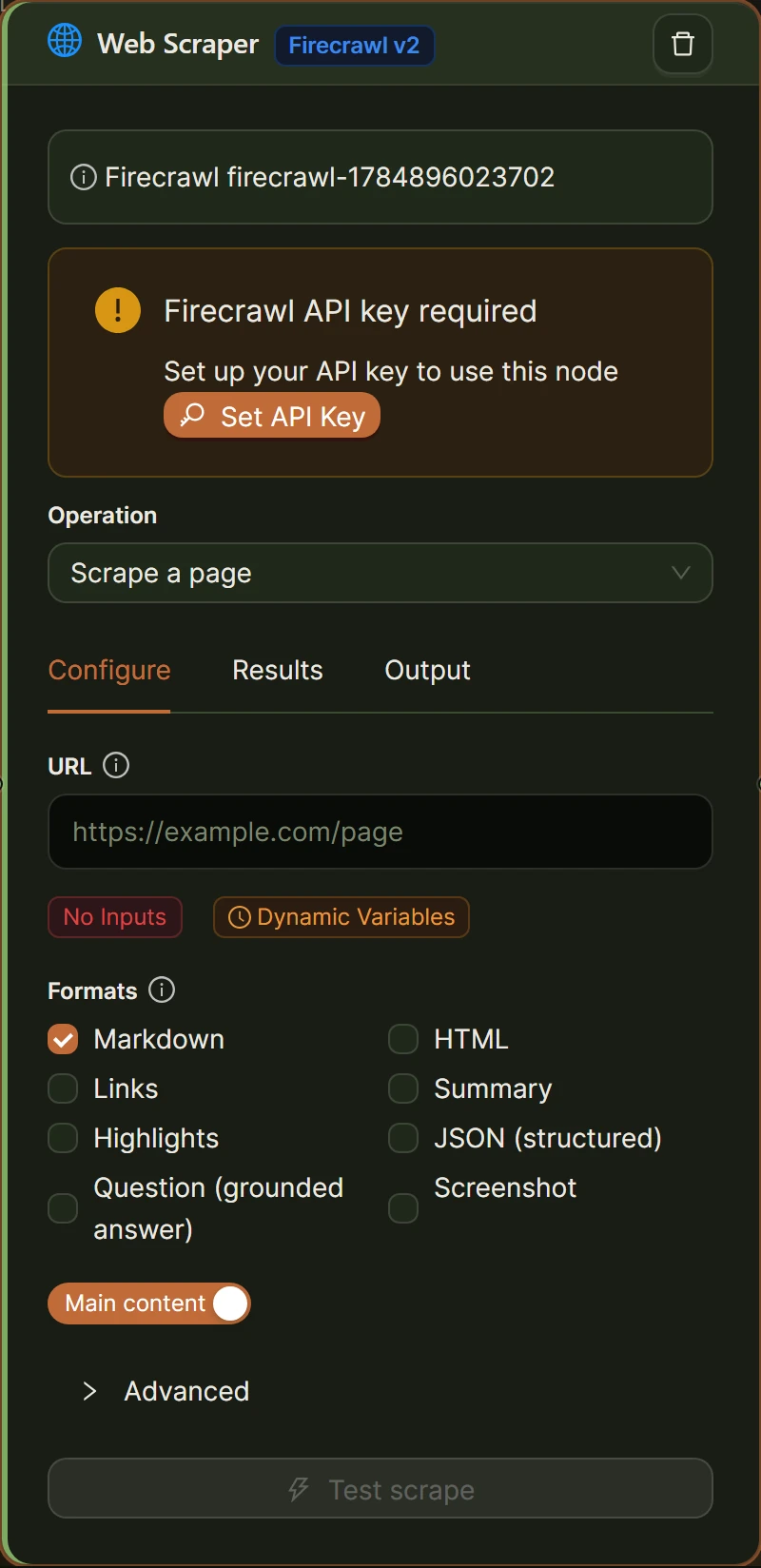 Web Scraper (Firecrawl) node set to Scrape a page with format options.