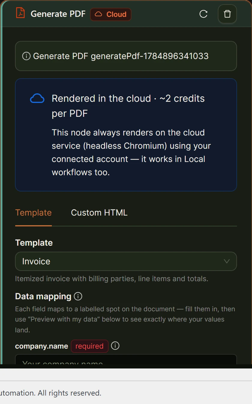 Generate PDF node showing the Invoice template and its data-mapping fields.