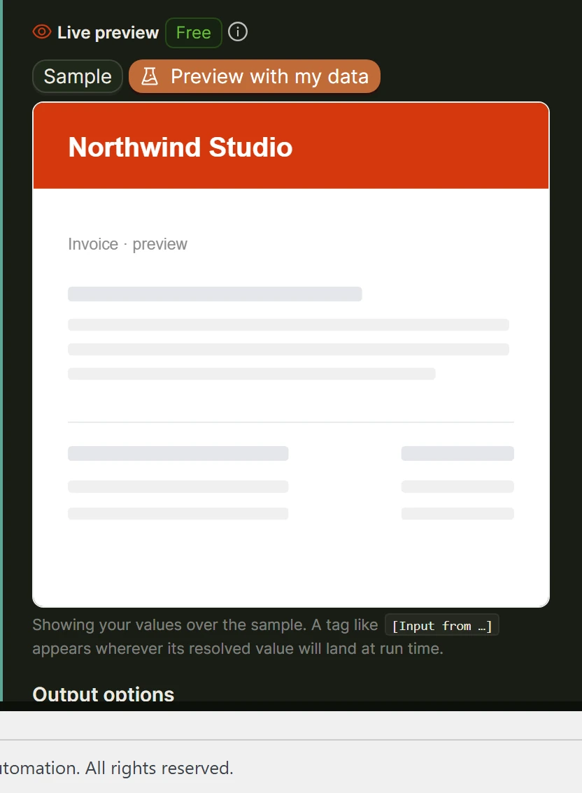 Live preview of a generated invoice document in the Generate PDF node.