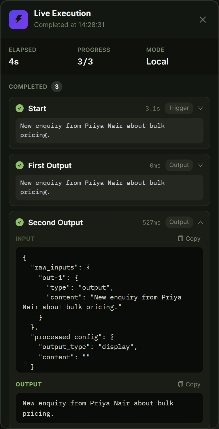 Execution step expanded to show its input and output data.