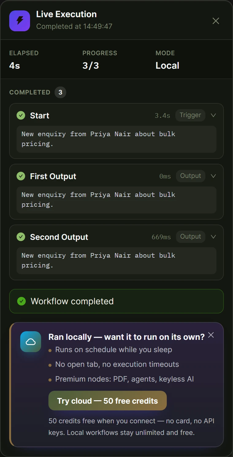 Live execution panel showing completed steps of a run.