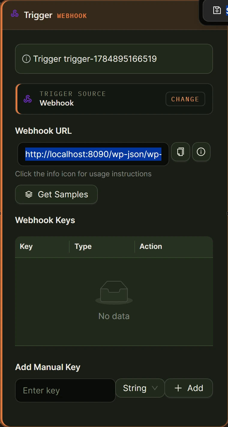 Webhook trigger configuration showing the endpoint URL.
